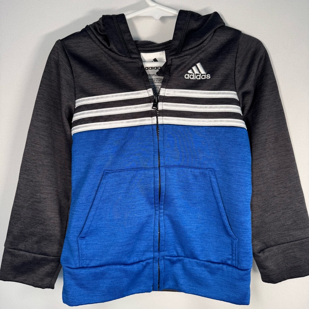 💜3/$15 adidas Black and Blue Toddlers Full-Zip Hoodie with White Stripes - 3T